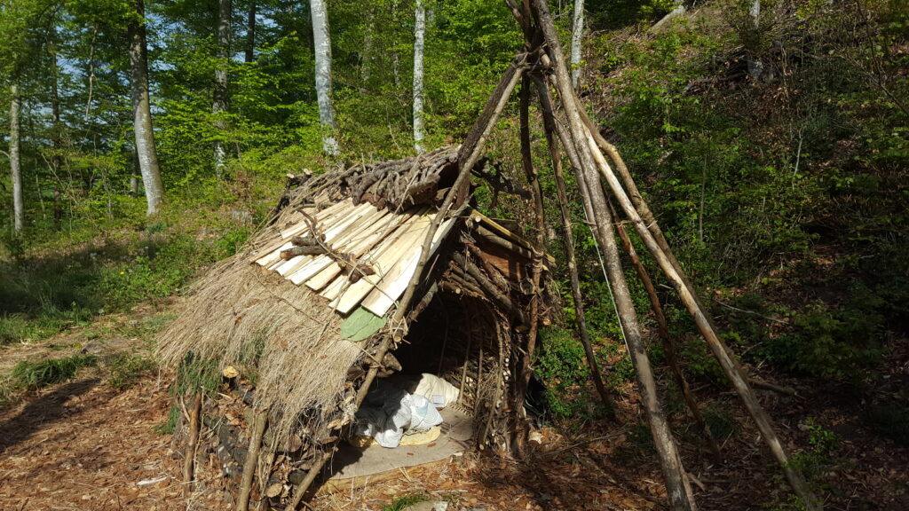 Eine Waldhütte mit Stroh- und Schindeldach und Tipi